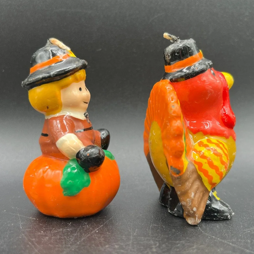 Vtg Russ Berrie Thanksgiving Candle Set Pilgrim Pumpkin Turkey 2.5